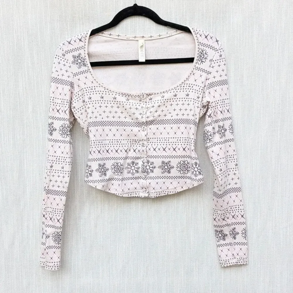 SKIMS Logo Plush Pointelle Henley Pullover Womens L Cream Fair Isle Long Sleeve